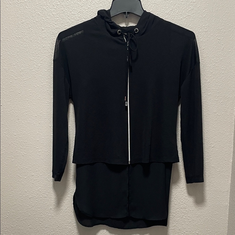 Weekend by Frank Lyman Black Layered Hooded Zip-Up Top – Long Sleeve